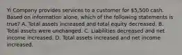 Yi Company provides services to a customer for 5,500 cash. Based on information alone, which of the following statements is true? A. Total assets increased and total equity decreased. B. Total assets were unchanged. C. Liabilities decreased and net income increased. D. Total assets increased and net income increased.