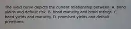 The yield curve depicts the current relationship between: A. bond yields and default risk. B. bond maturity and bond ratings. C. bond yields and maturity. D. promised yields and default premiums.