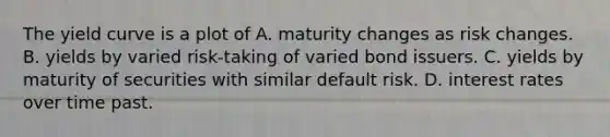 The yield curve is a plot of A. maturity changes as risk changes. B. yields by varied risk-taking of varied bond issuers. C. yields by maturity of securities with similar default risk. D. interest rates over time past.