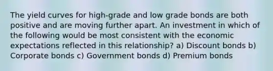 The yield curves for high-grade and low grade bonds are both positive and are moving further apart. An investment in which of the following would be most consistent with the economic expectations reflected in this relationship? a) Discount bonds b) Corporate bonds c) Government bonds d) Premium bonds