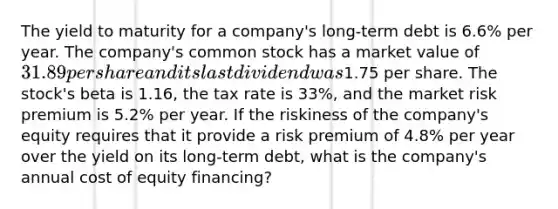 The yield to maturity for a company's long-term debt is 6.6% per year. The company's common stock has a market value of 31.89 per share and its last dividend was1.75 per share. The stock's beta is 1.16, the tax rate is 33%, and the market risk premium is 5.2% per year. If the riskiness of the company's equity requires that it provide a risk premium of 4.8% per year over the yield on its long-term debt, what is the company's annual cost of equity financing?