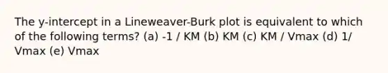 The y-intercept in a Lineweaver-Burk plot is equivalent to which of the following terms? (a) -1 / KM (b) KM (c) KM / Vmax (d) 1/ Vmax (e) Vmax