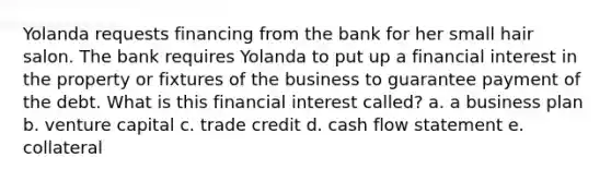 Yolanda requests financing from the bank for her small hair salon. The bank requires Yolanda to put up a financial interest in the property or fixtures of the business to guarantee payment of the debt. What is this financial interest called? a. a business plan b. venture capital c. trade credit d. cash flow statement e. collateral