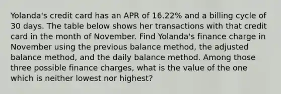 Yolanda's credit card has an APR of 16.22% and a billing cycle of 30 days. The table below shows her transactions with that credit card in the month of November. Find Yolanda's finance charge in November using the previous balance method, the adjusted balance method, and the daily balance method. Among those three possible finance charges, what is the value of the one which is neither lowest nor highest?