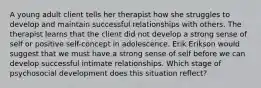 A young adult client tells her therapist how she struggles to develop and maintain successful relationships with others. The therapist learns that the client did not develop a strong sense of self or positive self-concept in adolescence. Erik Erikson would suggest that we must have a strong sense of self before we can develop successful intimate relationships. Which stage of psychosocial development does this situation reflect?