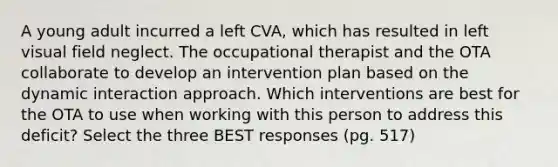 A young adult incurred a left CVA, which has resulted in left visual field neglect. The occupational therapist and the OTA collaborate to develop an intervention plan based on the dynamic interaction approach. Which interventions are best for the OTA to use when working with this person to address this deficit? Select the three BEST responses (pg. 517)