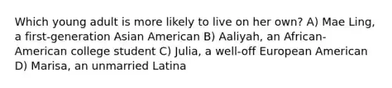 Which young adult is more likely to live on her own? A) Mae Ling, a first-generation Asian American B) Aaliyah, an African-American college student C) Julia, a well-off European American D) Marisa, an unmarried Latina