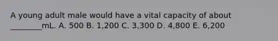 A young adult male would have a vital capacity of about ________mL. A. 500 B. 1,200 C. 3,300 D. 4,800 E. 6,200