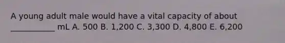 A young adult male would have a vital capacity of about ___________ mL A. 500 B. 1,200 C. 3,300 D. 4,800 E. 6,200