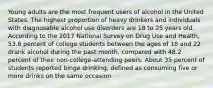 Young adults are the most frequent users of alcohol in the United States. The highest proportion of heavy drinkers and individuals with diagnosable alcohol use disorders are 18 to 25 years old. According to the 2017 National Survey on Drug Use and Health, 53.6 percent of college students between the ages of 18 and 22 drank alcohol during the past month, compared with 48.2 percent of their non-college-attending peers. About 35 percent of students reported binge drinking, defined as consuming five or more drinks on the same occasion