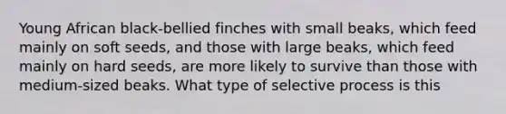 Young African black-bellied finches with small beaks, which feed mainly on soft seeds, and those with large beaks, which feed mainly on hard seeds, are more likely to survive than those with medium-sized beaks. What type of selective process is this