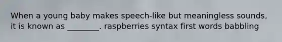 When a young baby makes speech-like but meaningless sounds, it is known as ________. raspberries syntax first words babbling