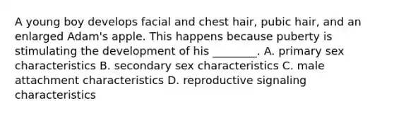 A young boy develops facial and chest hair, pubic hair, and an enlarged Adam's apple. This happens because puberty is stimulating the development of his ________. A. primary sex characteristics B. secondary sex characteristics C. male attachment characteristics D. reproductive signaling characteristics