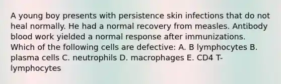 A young boy presents with persistence skin infections that do not heal normally. He had a normal recovery from measles. Antibody blood work yielded a normal response after immunizations. Which of the following cells are defective: A. B lymphocytes B. plasma cells C. neutrophils D. macrophages E. CD4 T-lymphocytes