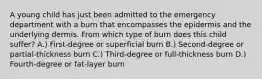 A young child has just been admitted to the emergency department with a burn that encompasses the epidermis and the underlying dermis. From which type of burn does this child suffer? A.) First-degree or superficial burn B.) Second-degree or partial-thickness burn C.) Third-degree or full-thickness burn D.) Fourth-degree or fat-layer burn