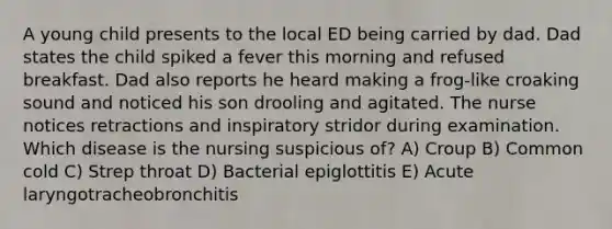 A young child presents to the local ED being carried by dad. Dad states the child spiked a fever this morning and refused breakfast. Dad also reports he heard making a frog-like croaking sound and noticed his son drooling and agitated. The nurse notices retractions and inspiratory stridor during examination. Which disease is the nursing suspicious of? A) Croup B) Common cold C) Strep throat D) Bacterial epiglottitis E) Acute laryngotracheobronchitis