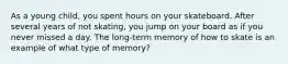 As a young child, you spent hours on your skateboard. After several years of not skating, you jump on your board as if you never missed a day. The long-term memory of how to skate is an example of what type of memory?