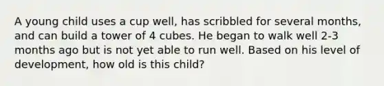 A young child uses a cup well, has scribbled for several months, and can build a tower of 4 cubes. He began to walk well 2-3 months ago but is not yet able to run well. Based on his level of development, how old is this child?