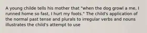 A young childe tells his mother that "when the dog growl a me, I runned home so fast, I hurt my foots." The child's application of the normal past tense and plurals to irregular verbs and nouns illustrates the child's attempt to use