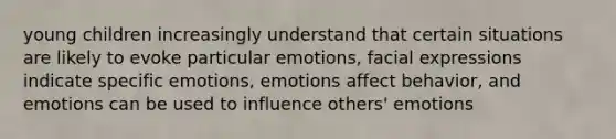 young children increasingly understand that certain situations are likely to evoke particular emotions, facial expressions indicate specific emotions, emotions affect behavior, and emotions can be used to influence others' emotions