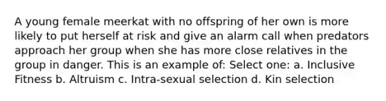 A young female meerkat with no offspring of her own is more likely to put herself at risk and give an alarm call when predators approach her group when she has more close relatives in the group in danger. This is an example of: Select one: a. Inclusive Fitness b. Altruism c. Intra-sexual selection d. Kin selection