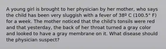 A young girl is brought to her physician by her mother, who says the child has been very sluggish with a fever of 38º C (100.5° F) for a week. The mother noticed that the child's tonsils were red and that yesterday, the back of her throat turned a gray color and looked to have a gray membrane on it. What disease should the physician suspect?