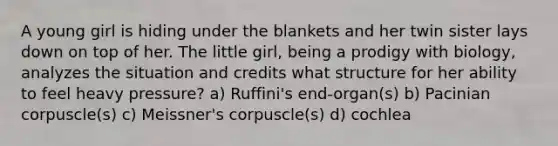 A young girl is hiding under the blankets and her twin sister lays down on top of her. The little girl, being a prodigy with biology, analyzes the situation and credits what structure for her ability to feel heavy pressure? a) Ruffini's end-organ(s) b) Pacinian corpuscle(s) c) Meissner's corpuscle(s) d) cochlea