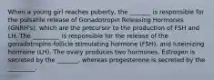 When a young girl reaches puberty, the _______ is responsible for the pulsatile release of Gonadotropin Releasing Hormones (GNRH's), which are the precursor to the production of FSH and LH. The _________ is responsible for the release of the gonadotropins-follicle stimulating hormone (FSH), and luteinizing hormone (LH). The ovary produces two hormones. Estrogen is secreted by the _______, whereas progesterone is secreted by the _________.