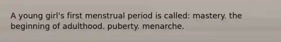 A young girl's first menstrual period is called: mastery. the beginning of adulthood. puberty. menarche.