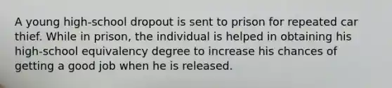 A young high-school dropout is sent to prison for repeated car thief. While in prison, the individual is helped in obtaining his high-school equivalency degree to increase his chances of getting a good job when he is released.