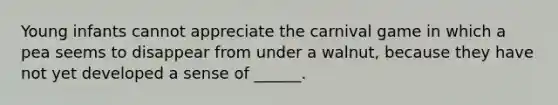 Young infants cannot appreciate the carnival game in which a pea seems to disappear from under a walnut, because they have not yet developed a sense of ______.