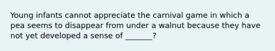 Young infants cannot appreciate the carnival game in which a pea seems to disappear from under a walnut because they have not yet developed a sense of _______?