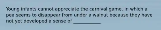 Young infants cannot appreciate the carnival game, in which a pea seems to disappear from under a walnut because they have not yet developed a sense of ____________