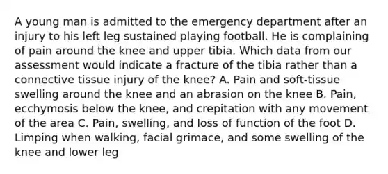 A young man is admitted to the emergency department after an injury to his left leg sustained playing football. He is complaining of pain around the knee and upper tibia. Which data from our assessment would indicate a fracture of the tibia rather than a connective tissue injury of the knee? A. Pain and soft-tissue swelling around the knee and an abrasion on the knee B. Pain, ecchymosis below the knee, and crepitation with any movement of the area C. Pain, swelling, and loss of function of the foot D. Limping when walking, facial grimace, and some swelling of the knee and lower leg