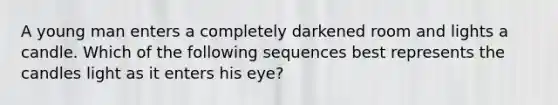 A young man enters a completely darkened room and lights a candle. Which of the following sequences best represents the candles light as it enters his eye?