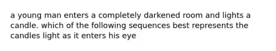 a young man enters a completely darkened room and lights a candle. which of the following sequences best represents the candles light as it enters his eye