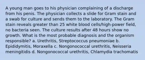 A young man goes to his physician complaining of a discharge from his penis. The physician collects a slide for Gram stain and a swab for culture and sends them to the laboratory. The Gram stain reveals greater than 25 white blood cells/high-power field, no bacteria seen. The culture results after 48 hours show no growth. What is the most probable diagnosis and the organism responsible? a. Urethritis, Streptococcus pneumoniae b. Epididymitis, Moraxella c. Nongonococcal urethritis, Neisseria meningitidis d. Nongonococcal urethritis, Chlamydia trachomatis