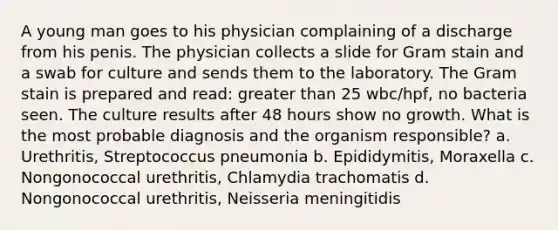 A young man goes to his physician complaining of a discharge from his penis. The physician collects a slide for Gram stain and a swab for culture and sends them to the laboratory. The Gram stain is prepared and read: greater than 25 wbc/hpf, no bacteria seen. The culture results after 48 hours show no growth. What is the most probable diagnosis and the organism responsible? a. Urethritis, Streptococcus pneumonia b. Epididymitis, Moraxella c. Nongonococcal urethritis, Chlamydia trachomatis d. Nongonococcal urethritis, Neisseria meningitidis