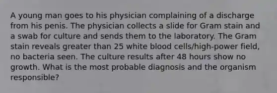 A young man goes to his physician complaining of a discharge from his penis. The physician collects a slide for Gram stain and a swab for culture and sends them to the laboratory. The Gram stain reveals greater than 25 white blood cells/high-power field, no bacteria seen. The culture results after 48 hours show no growth. What is the most probable diagnosis and the organism responsible?