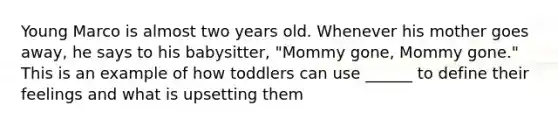 Young Marco is almost two years old. Whenever his mother goes away, he says to his babysitter, "Mommy gone, Mommy gone." This is an example of how toddlers can use ______ to define their feelings and what is upsetting them