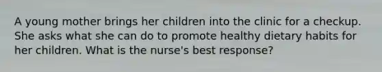 A young mother brings her children into the clinic for a checkup. She asks what she can do to promote healthy dietary habits for her children. What is the nurse's best response?