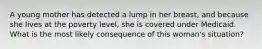 A young mother has detected a lump in her breast, and because she lives at the poverty level, she is covered under Medicaid. What is the most likely consequence of this woman's situation?