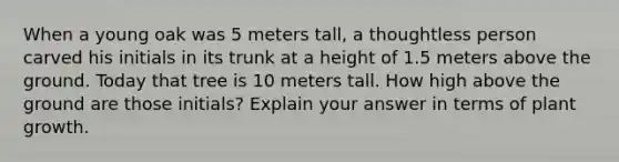 When a young oak was 5 meters tall, a thoughtless person carved his initials in its trunk at a height of 1.5 meters above the ground. Today that tree is 10 meters tall. How high above the ground are those initials? Explain your answer in terms of plant growth.