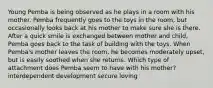 Young Pemba is being observed as he plays in a room with his mother. Pemba frequently goes to the toys in the room, but occasionally looks back at his mother to make sure she is there. After a quick smile is exchanged between mother and child, Pemba goes back to the task of building with the toys. When Pemba's mother leaves the room, he becomes moderately upset, but is easily soothed when she returns. Which type of attachment does Pemba seem to have with his mother? interdependent development secure loving