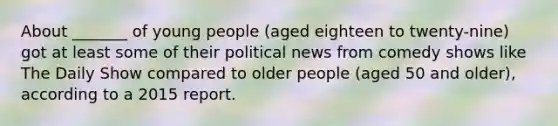 About _______ of young people (aged eighteen to twenty-nine) got at least some of their political news from comedy shows like The Daily Show compared to older people (aged 50 and older), according to a 2015 report.