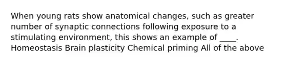 When young rats show anatomical changes, such as greater number of synaptic connections following exposure to a stimulating environment, this shows an example of ____. Homeostasis Brain plasticity Chemical priming All of the above