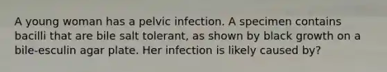 A young woman has a pelvic infection. A specimen contains bacilli that are bile salt tolerant, as shown by black growth on a bile-esculin agar plate. Her infection is likely caused by?