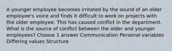 A younger employee becomes irritated by the sound of an older employee's voice and finds it difficult to work on projects with the older employee. This has caused conflict in the department. What is the source of conflict between the older and younger employees? Choose 1 answer Communication Personal variables Differing values Structure