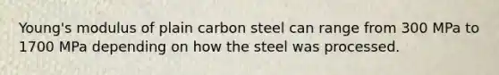 Young's modulus of plain carbon steel can range from 300 MPa to 1700 MPa depending on how the steel was processed.