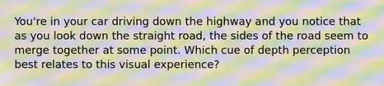 You're in your car driving down the highway and you notice that as you look down the straight road, the sides of the road seem to merge together at some point. Which cue of depth perception best relates to this visual experience?